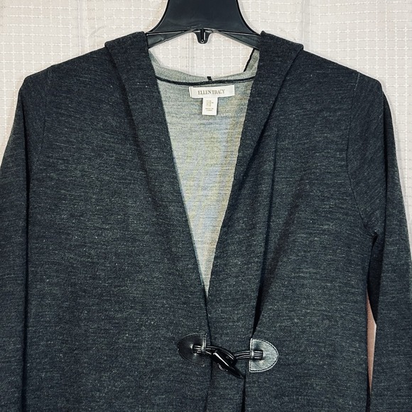 Ellen Tracy Hooded Cardigan Sz Large Gray Merino Wool Blend Sweater Toggle (D) - Picture 2 of 8